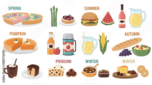 Seasonal food and drink illustrations for spring summer autumn and winter