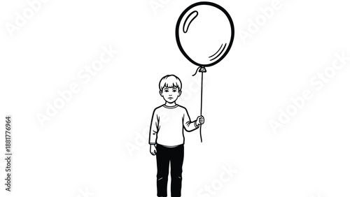 Solemn child holding a single balloon against a stark white background a study in simplicity