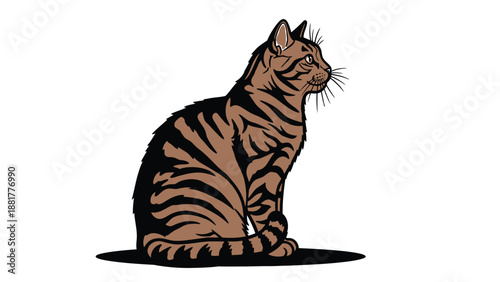 A distinguished tabby cat with striking stripes sits attentively against a clean white background