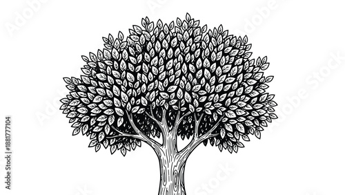 Illustrative Sketch of a Verdant, Leafy Tree with Detailed Bark and Branches Against a White