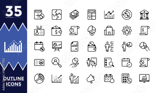 Financial icons and business graphics collection in a monochrome outline style