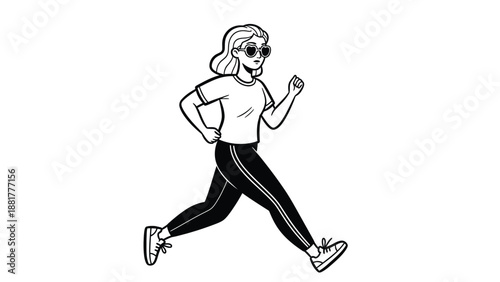 Energetic woman in sunglasses jogging outdoors with determination and style