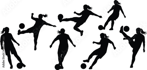 Silhouettes of Female Soccer Player in Action Poses Performing Kicks, Dribbles, and Ball Control Techniques on White Background