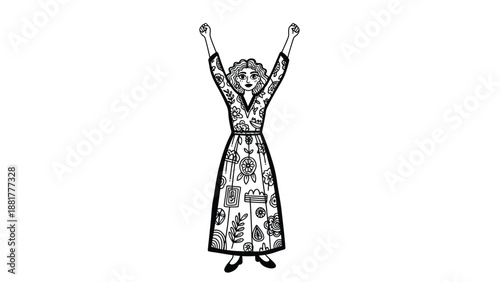 Empowered woman with raised fists wearing a dress adorned with diverse artistic patterns and motifs
