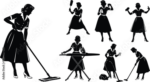 Black and White Silhouette Illustrations of Vintage Women Performing Household Chores for Retro Domestic Labor and Lifestyle Design