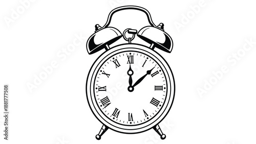 Classic retro alarm clock with roman numerals indicating the time