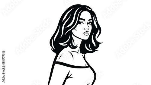 Striking black and white graphic illustration of a fashionable woman's portrait on a clean
