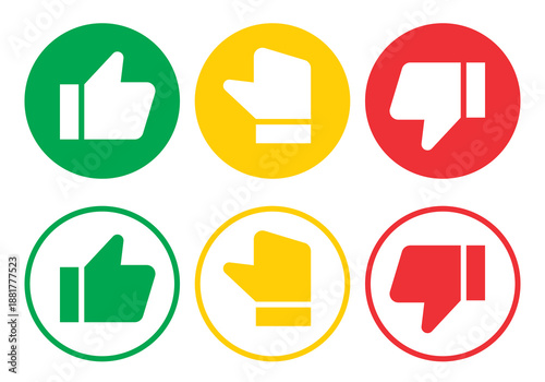 Like, dislike and neutral thumb symbols in white and black circle. Feedback and rating thumbs up and thumbs down icons set. Thumbs up, down and sideways icon set.