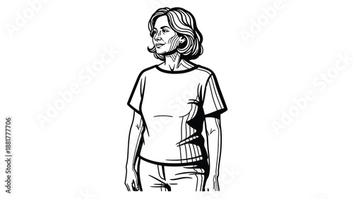Striking black and white illustration of a woman in casual attire on a plain background