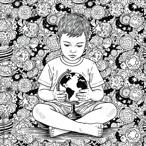 Young child engrossed in learning about the world holding a detailed globe on a patterned backdrop