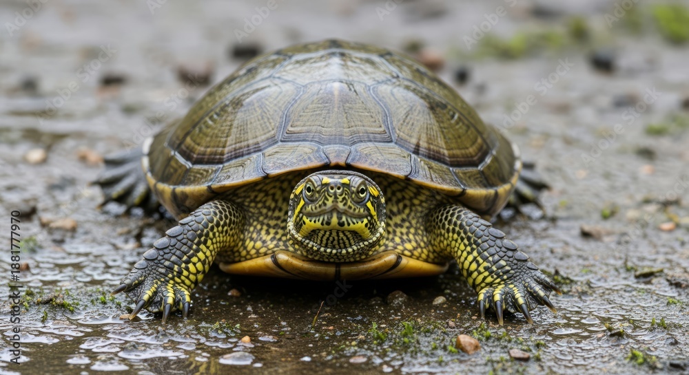 Obraz premium Japanese pond turtle resting near freshwater habitat. A semi aquatic reptile native to Japan, commonly found in ponds and slow moving rivers, symbolizing freshwater biodiversity.