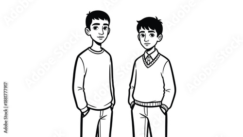 Two young boys standing together in a minimalist illustration style with clean lines and simple