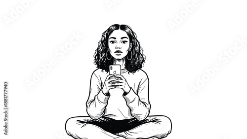 Hand-drawn illustration of a young woman engrossed in her smartphone, seated in a meditative pose