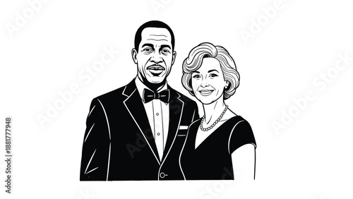 Elegant couple in formal attire celebrating a special occasion with classic charm