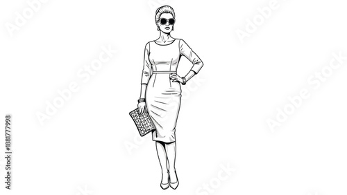 Elegant woman in a classic pencil dress and sunglasses holding a clutch bag fashion illustration