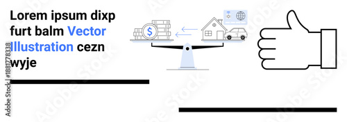 Financial planning, real estate decisions, wealth distribution, economic choices, investments, personal budgeting. A scale weighing money and property with a thumbs-up symbol. Financial planning