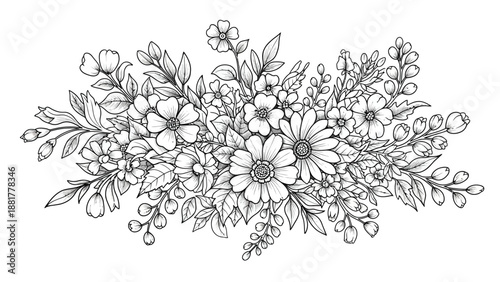 Elegant hand-drawn black and white floral arrangement with delicate blooms and leaves for design