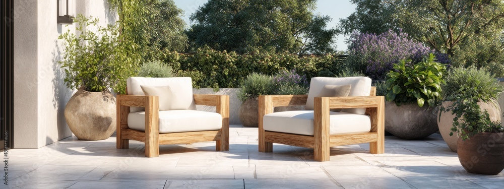 Fototapeta premium A patio with two wooden chairs and a few potted plants