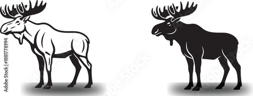 Moose Silhouette and Outline Vector, Bull Elk with Antlers Standing Side View