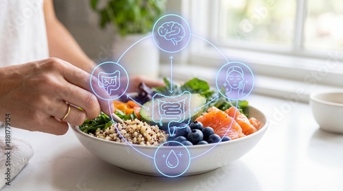 A vibrant and healthy bowl, presented with a visual infographic indicating the positive health impacts of the ingredients, a person prepares and arranges a nutritious meal.