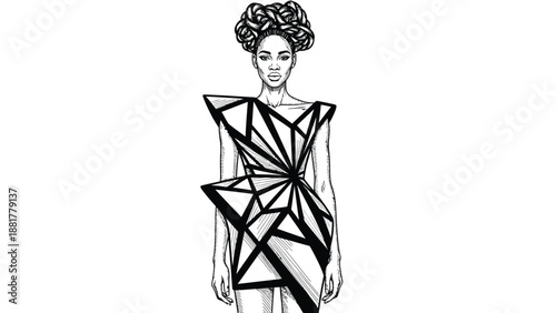 Avant-garde fashion illustration of a woman in a geometric black and white origami-inspired dress