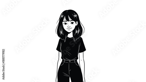 Stylized monochromatic illustration of a young woman in casual attire standing against a white