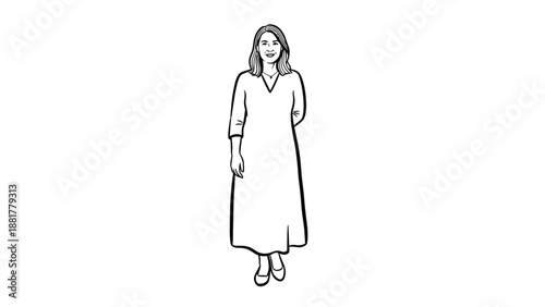 Simple Line Drawing of a Woman Standing Gracefully in a Long Dress Smiling Pleasantly