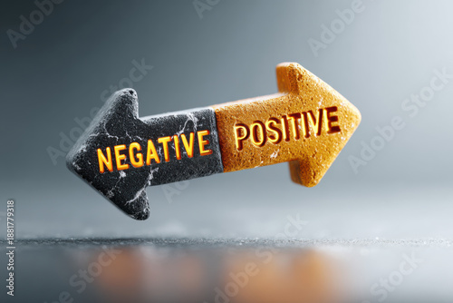 3D illustration of two stone arrows, one orange and one black, pointing in opposite directions. Labels 