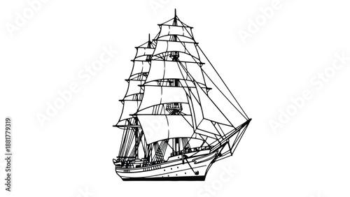 Detailed black and white line art illustration of a majestic sailing ship with full sails