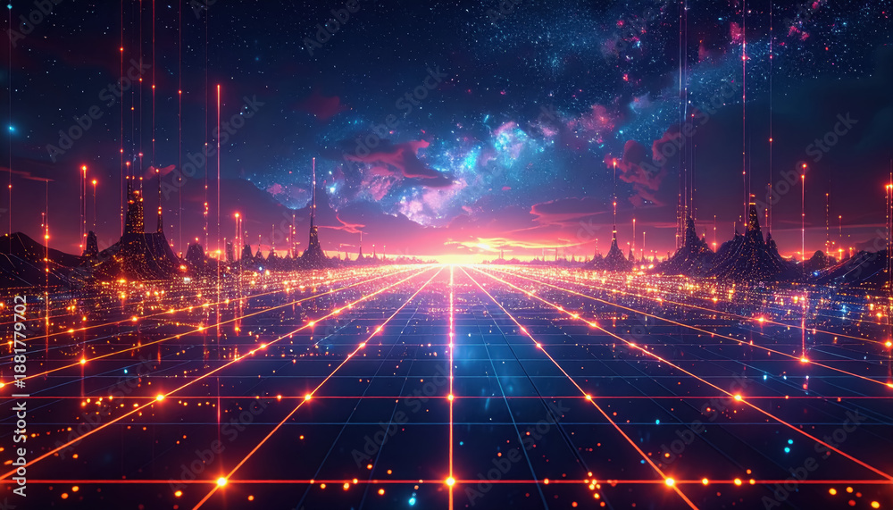 Obraz premium Futuristic Digital Cityscape with Glowing Grid, Fiery Sunset, and Cosmic Sky, Abstract Sci-Fi Horizon