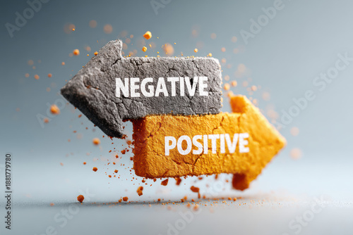 3D illustration of two stone arrows, one orange and one black, pointing in opposite directions. Labels 