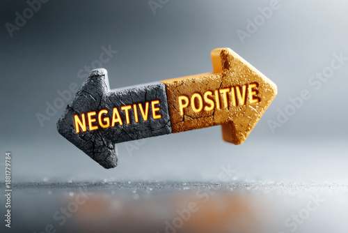 3D illustration of two stone arrows, one orange and one black, pointing in opposite directions. Labels 