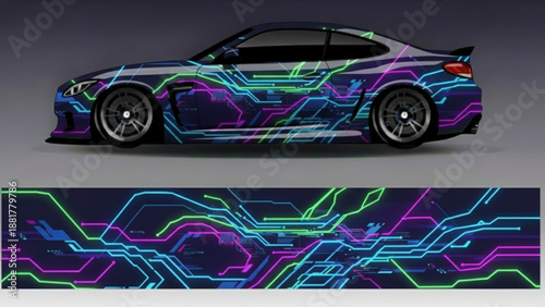 Futuristic sports car with vibrant circuit board graphic vinyl wrap design.