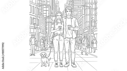 Young couple with their dog stroll through a vibrant city street enjoying coffee