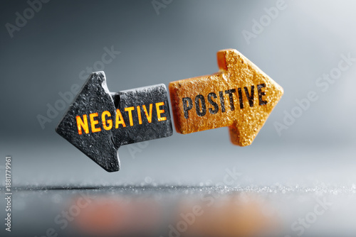 3D illustration of two stone arrows, one orange and one black, pointing in opposite directions. Labels 