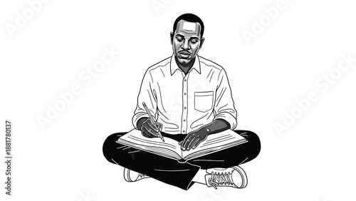 Focused individual diligently writing notes in a book while seated cross-legged