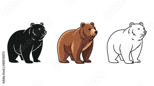 Set of three bear illustrations in black silhouette, colored, and outline styles