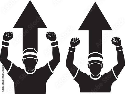 Silhouette of man celebrating with arms raised up