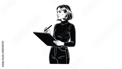 Focused individual artist meticulously sketching ideas on a clipboard with a stylus pen