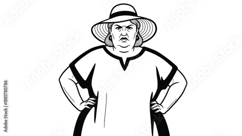Frowning Woman in a Wide-Brimmed Hat with Hands on Hips Expressing Displeasure