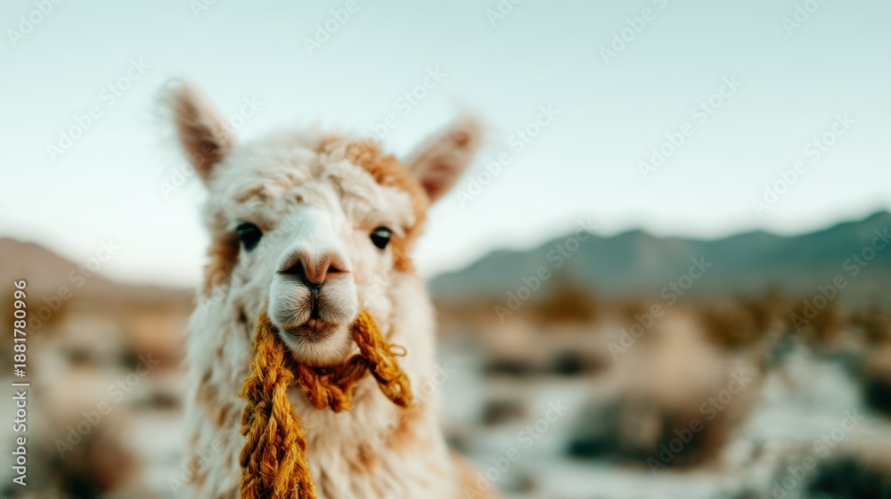 Fototapeta premium A fluffy llama stands in a serene desert environment, its expressive face holding a rope, showcasing nature's beauty and the charm of wildlife amidst a picturesque background.