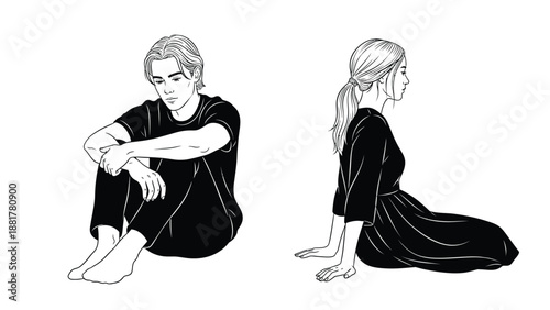 Artistic sketch of a pensive young man and a thoughtful young woman in black clothing on white