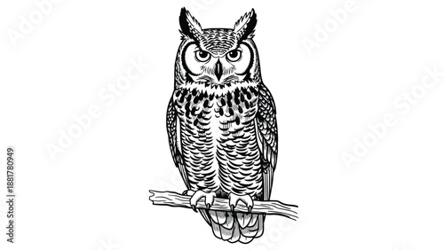 Detailed black and white line drawing of a great horned owl perched on a branch