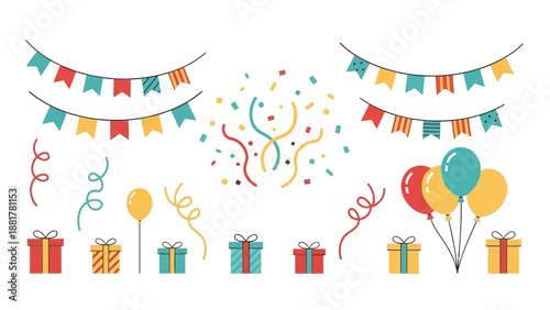 Colorful birthday celebration elements with gifts balloons and streamers on white background