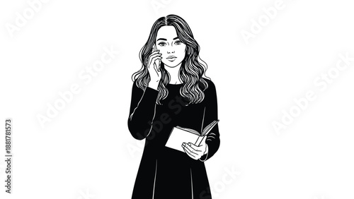 Stylish woman with wavy hair on the phone holding a small book in her hand