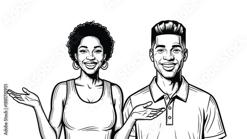 Joyful diverse couple presenting ideas with open gestures a symbol of collaboration and optimism