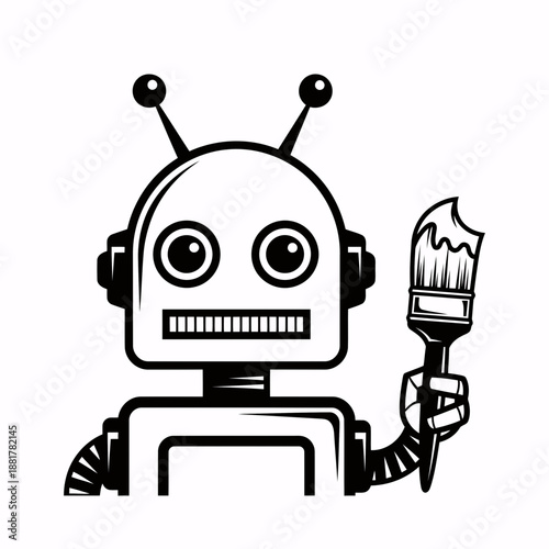 Robot holding paintbrush creating art with a friendly expression on its face in a black and white illustration