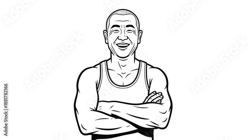 A muscular man with a joyful expression stands with his arms crossed looking confident