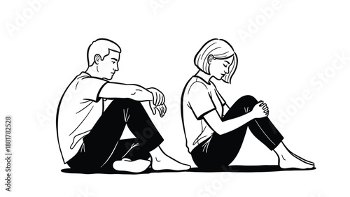 Pensive partners contemplating isolation and emotional distance in a stark minimalist illustration