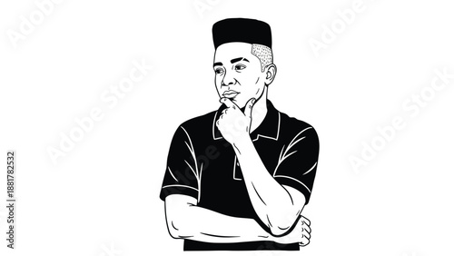 Stylized illustration of a man in a kofi with his chin resting on his hand contemplating